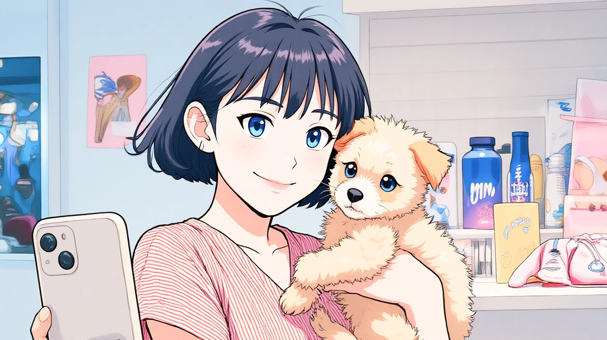 犬を抱いている若い女の子の写真をAIフィルターでイラスト風に加工する